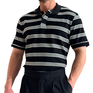 Herren Retro Casual Striped Print Revers Kurzarm T-Shirt