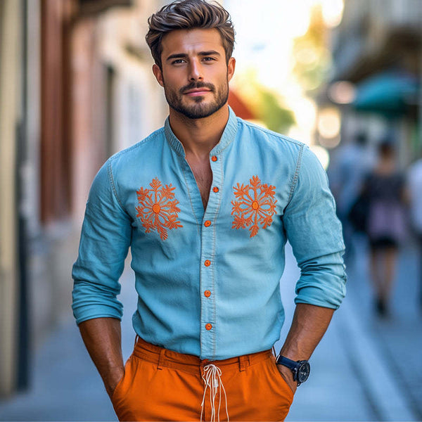 Men's Light Blue Contrast Embroidered Denim Shirt