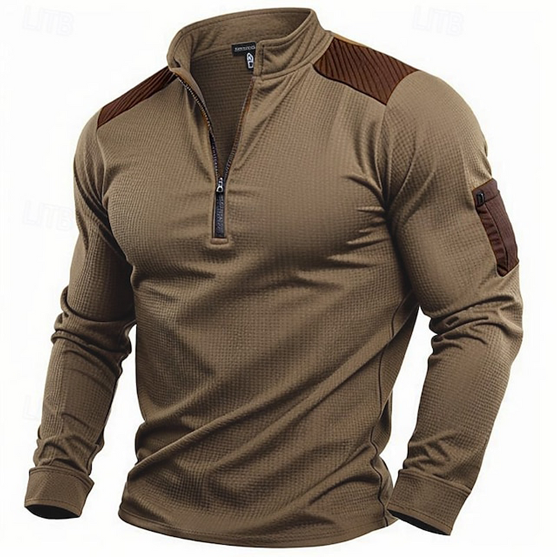 Men's Vintage Waffle Knit T-shirt Quarter Zip Stand Collar Normal Outdoor Causal Long Sleeve Patchwork Pocket Clothing