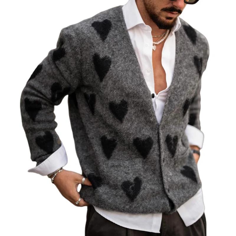 Modische einreihige Strickjacke mit Herzgrafik und V-Ausschnitt für Herren
