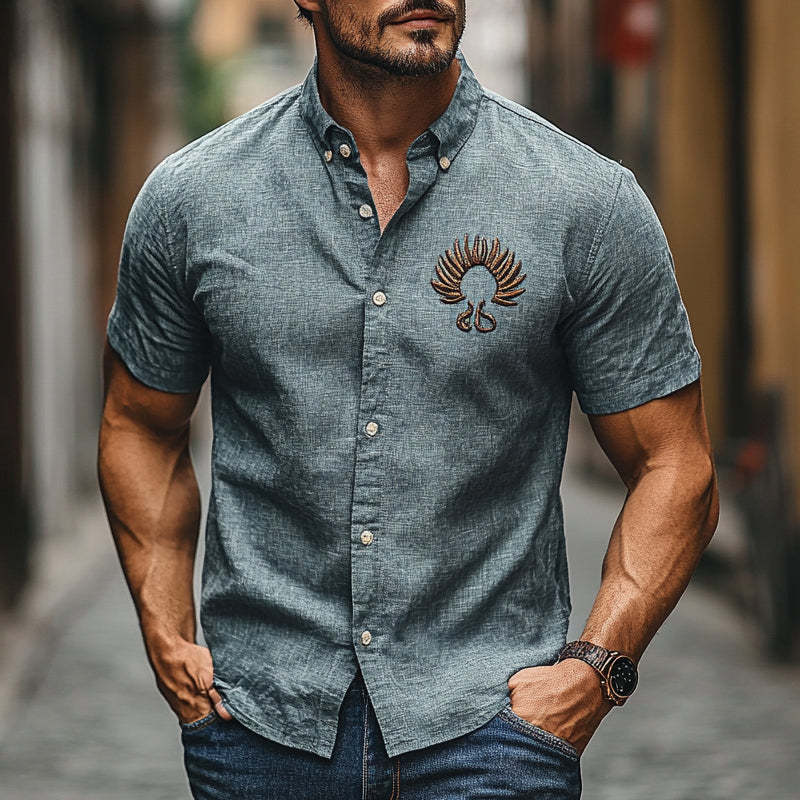 Men's Cotton And Linen Embroidered Short Sleeve Shirt