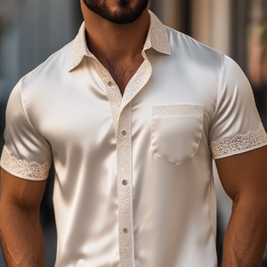 Men's Spring And Summer Fashionable Sexy Lace Stitching Satin Short-sleeved Shirt