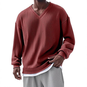 Men's Casual V-neck Striped Loose Long Sleeve T-shirt