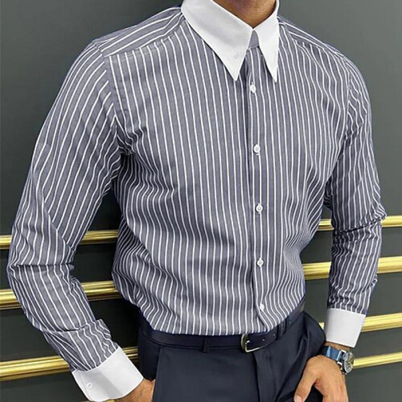 Gestreiftes, langärmliges Freizeithemd mit Colorblock-Revers für Herren