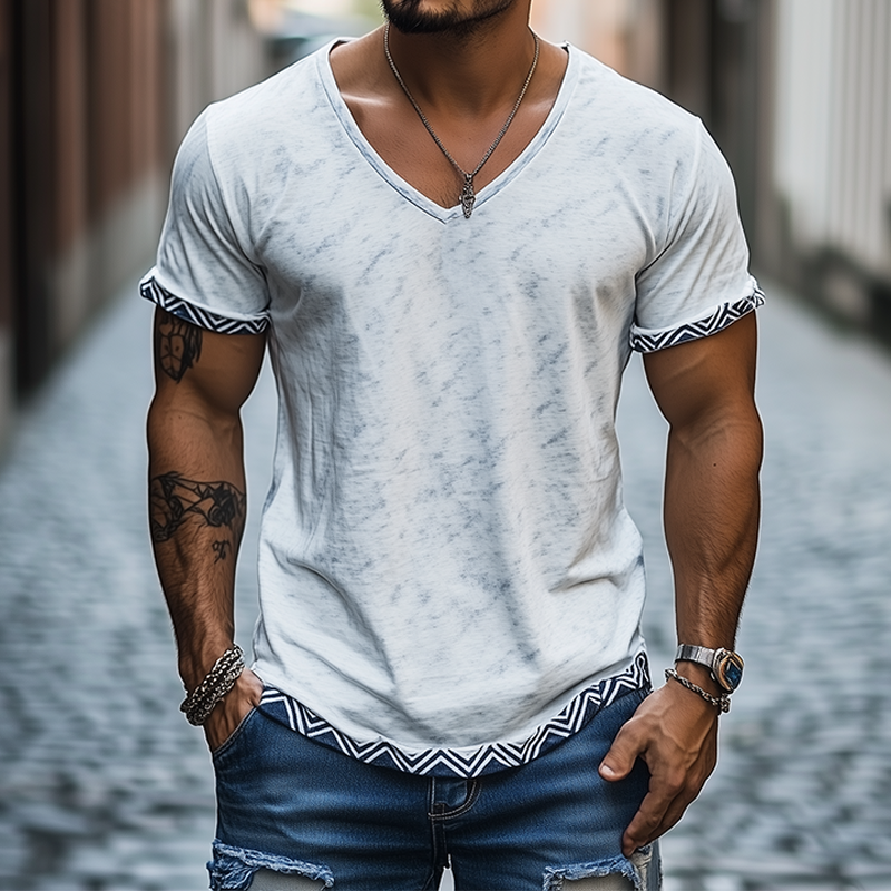 Men's Classic Casual V-Neck Printed Cotton Short Sleeve T-Shirt