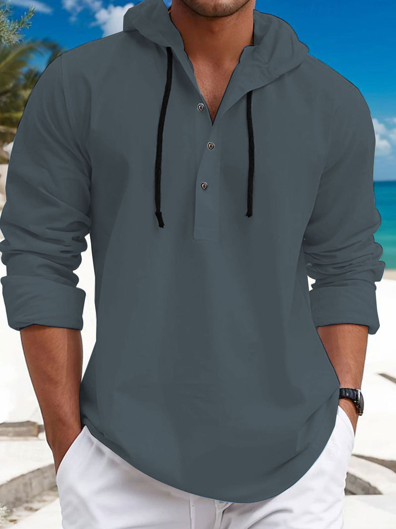 MEN'S PEARL COTTON LONG SLEEVED HOODED SOLID COLOR HOODIE WITH HALF OPEN COLLAR AND DRAWSTRING