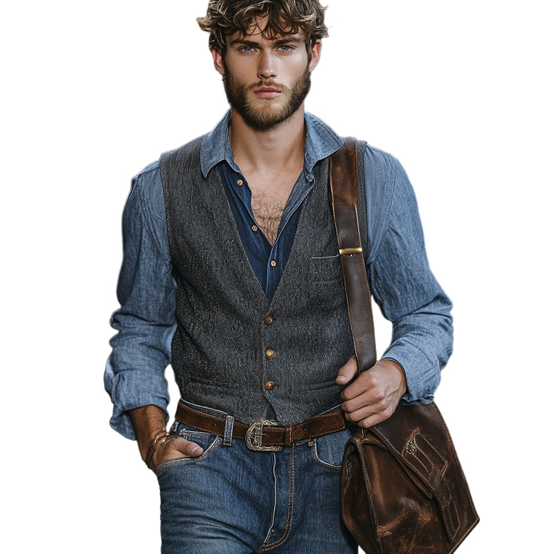 Herren Vintage Dunkelgrau Blended V-Ausschnitt Drei-Knopf Slim Weste