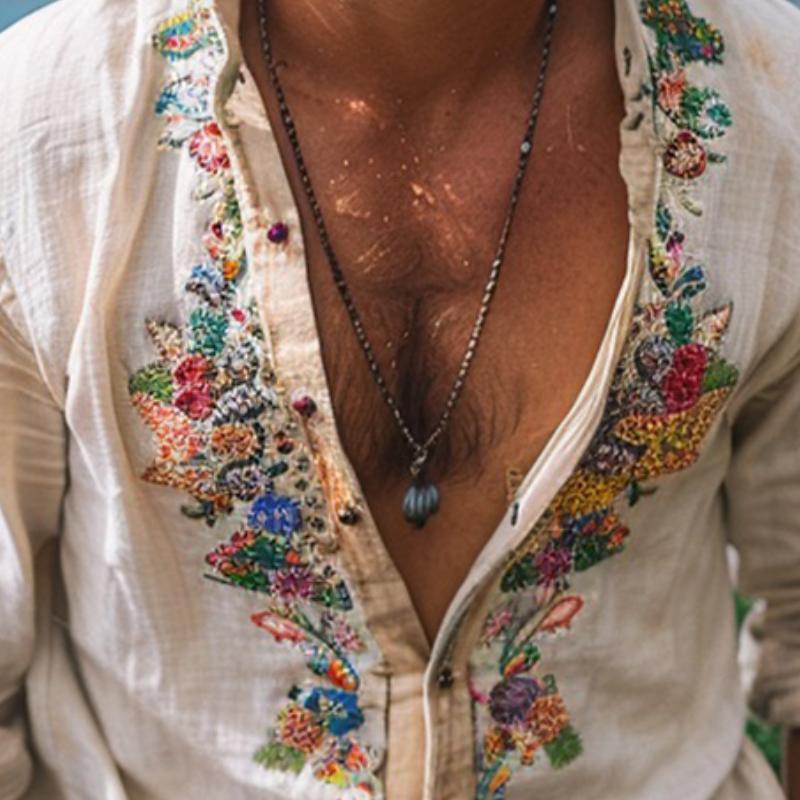 Lässiges, besticktes Langarmhemd für Herren im Vintage-Stil