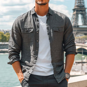 Men's Casual Skin-friendly Dark Gray Cotton And Linen Long-sleeved Shirt