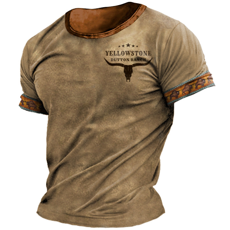 Men's T-shirt Vintage Western National Style Print Pattern Summer Short-sleeved Color Matching Round Neck Tee