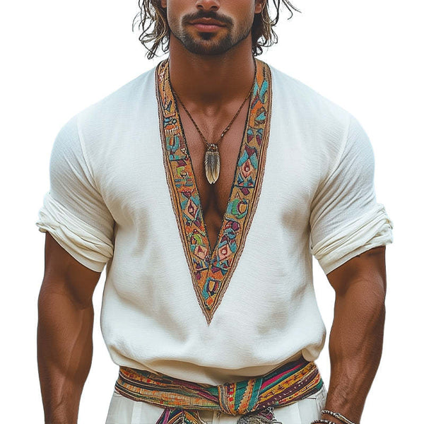 Men's Summer V-neck Retro Embroidery Casual Long Sleeve T-shirt