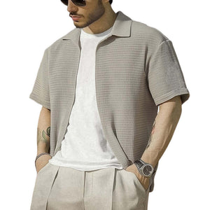 Men's Casual Gray Textured Short-sleeved Shirt