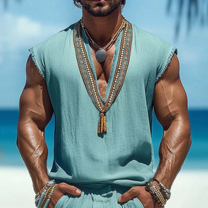 Men's Summer V-neck Retro Embroidered Cotton And Linen Tank Top
