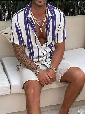 HERREN-STREIFEN-CARDIGAN MIT REVERS UND KURZARMHEMD