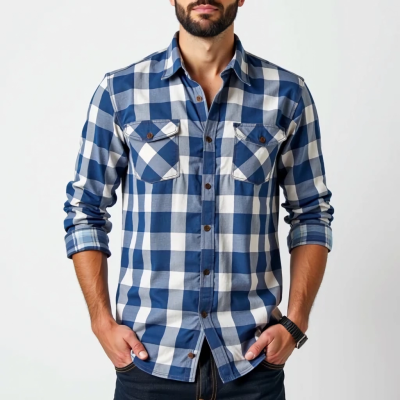 Men's Casual Cotton Plaid Lapel Chest Pocket Slim Fit Long Sleeve Shirt