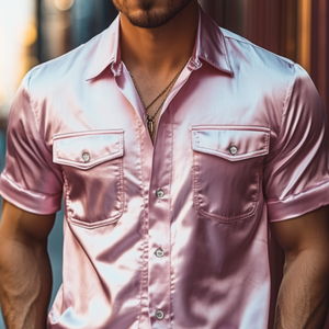 Men's Spring Fashion Casual Satin Shiny Fabric Short Sleeve Shirt