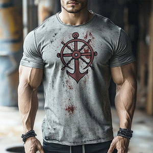 Herren-T-Shirt mit Retro-Nautical-Anchor-Print, lässig, Rundhalsausschnitt, kurzärmelig