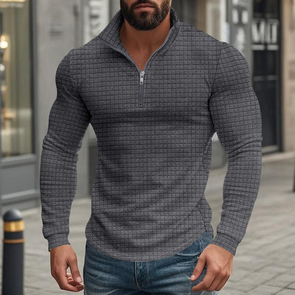 Herren-T-Shirt mit kleinem quadratischem Stehkragen und halbem Reißverschluss und langen Ärmeln