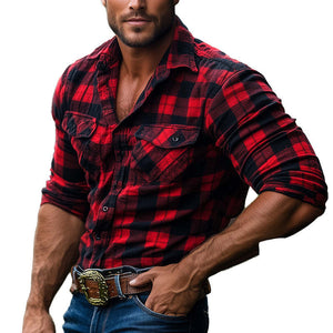 Herren Retro Rot Kariertes Langarmhemd