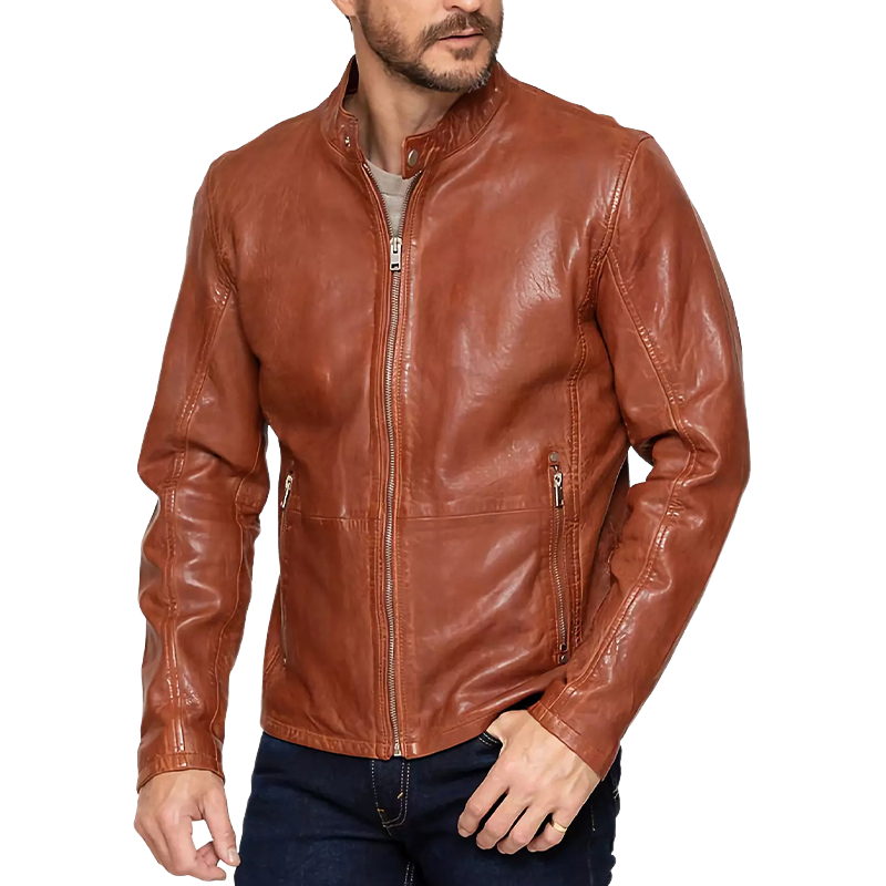 Men's Vintage Orange Snap Collar Zipper Leather Jacket