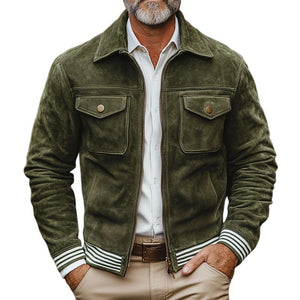 Herren Freizeitjacke aus Wildleder mit gestreiftem Besatz, Revers und Brusttasche