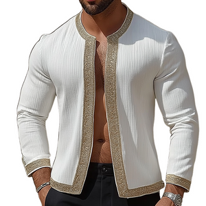 Herren Retro Casual Gestreiftes Langarmhemd ohne Kragen