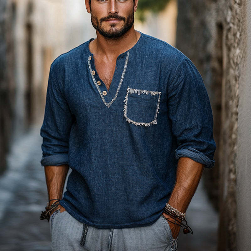 Men's Retro Navy V-neck Casual Long Sleeve T-shirt