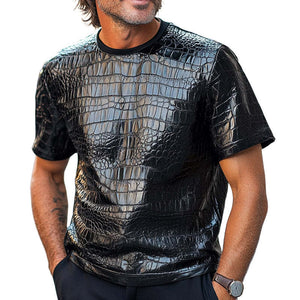 Schwarzes, kurzärmliges T-Shirt aus PU-Leder mit Krokodilstruktur für Herren