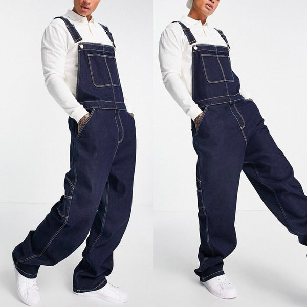 DENIM STRAP PANTS LOOSE MEN'S DENIM STRAP PANTS TEARED JEANS