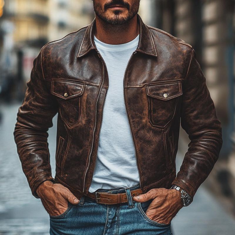 Men's Vintage Leather Distressed Lapel Zipper Slim Fit Jacket