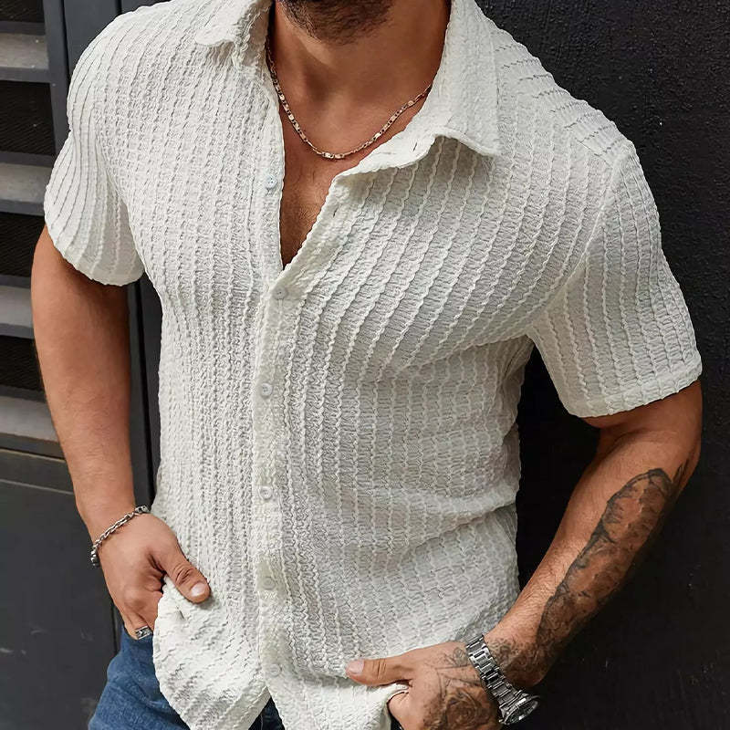 Weißes, schmales Kurzarmhemd mit Jacquard-Textur für Herren