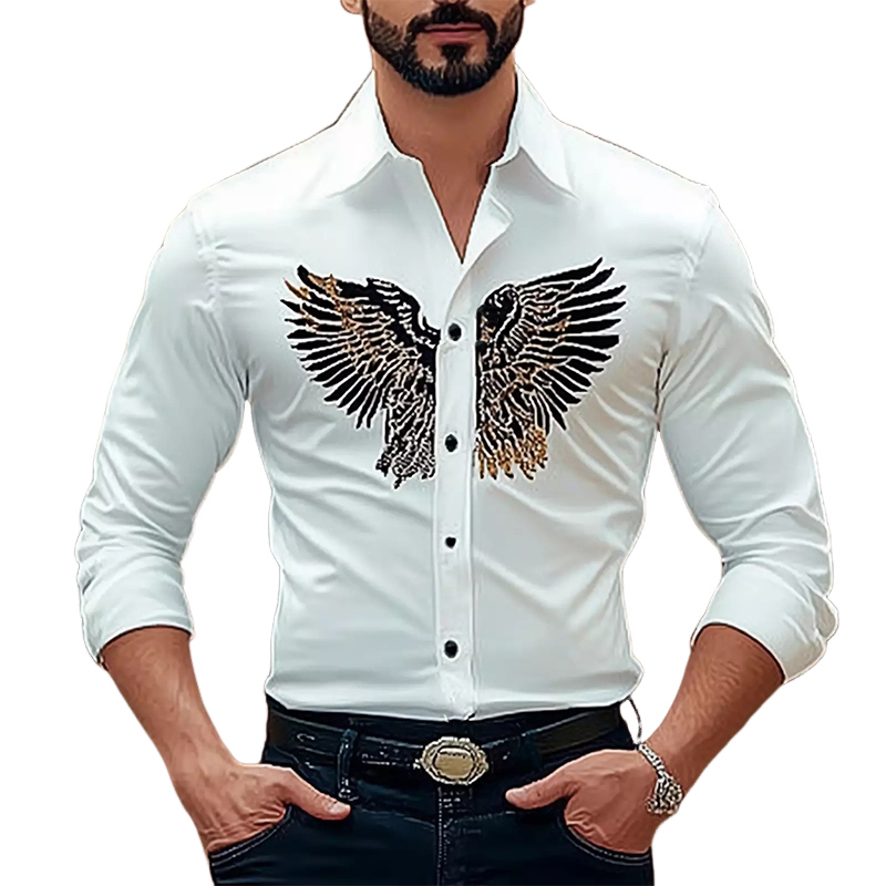 Herren-Langarmhemd aus Baumwolle mit Vintage-Adler-Stickerei und schmaler Passform