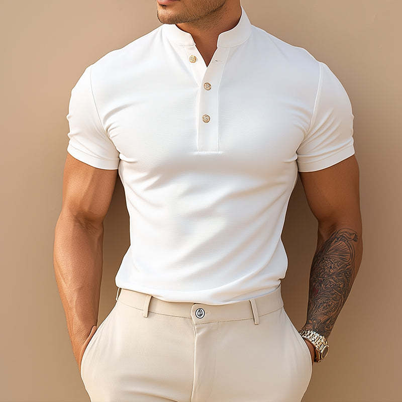 Herren Retro Casual Cotton Stehkragen Kurzarm T-Shirt