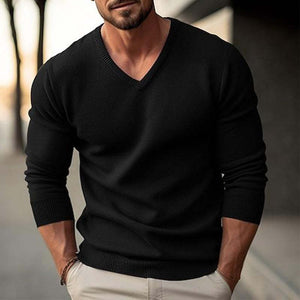 Einfarbiger, langärmliger Strickpullover mit V-Ausschnitt für Herren