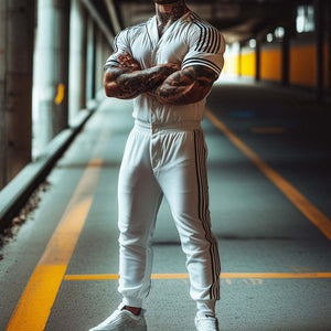 Lässiger, gestreifter, bedruckter, kragenloser Kurzarm-Jumpsuit für Herren im Retro-Stil