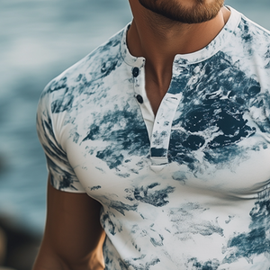 Herren-T-Shirt mit Henley-Kragen und Schutz-Ozean-Elementen im Retro-Stil, kurzärmelig