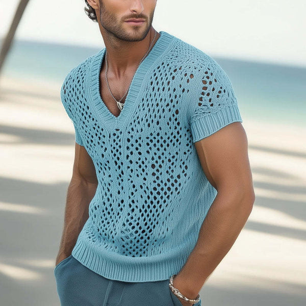 Sommermode für Herren, V-Ausschnitt, gestricktes Mesh, atmungsaktives T-Shirt