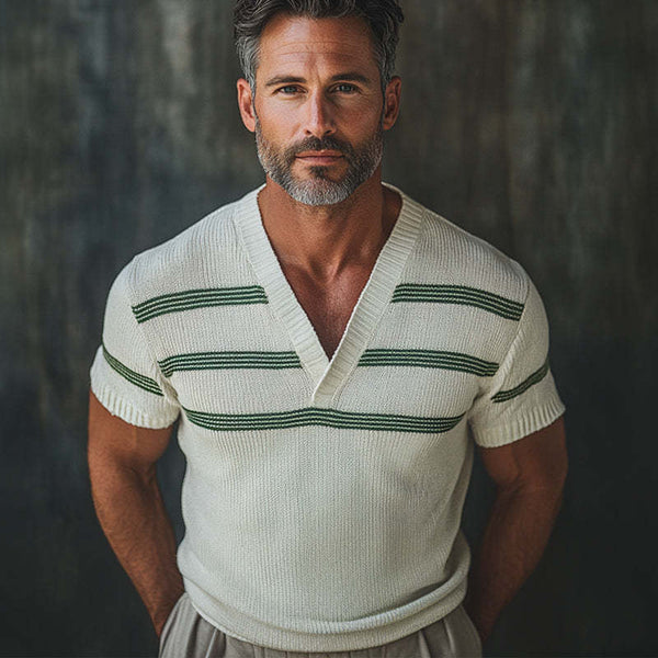 Men's Retro V-neck Knitted Short Sleeve T-shirt