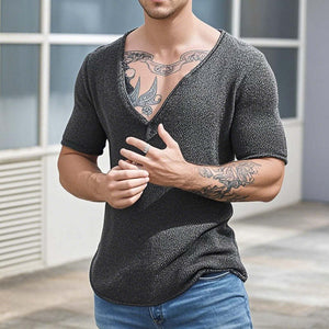 Men's Casual Solid Color V-Neck Slim Short Sleeve Knitted Sweater T-Shirt