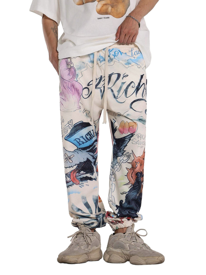 Drawstring Full Graffiti Cuffed Pants