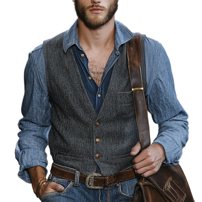 Herren Vintage Dunkelgrau Blended V-Ausschnitt Drei-Knopf Slim Weste