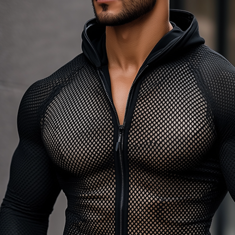 Men's Retro Casual Mesh Fabric Splicing Hooded Zipper Sports Long Sleeve T-Shirt