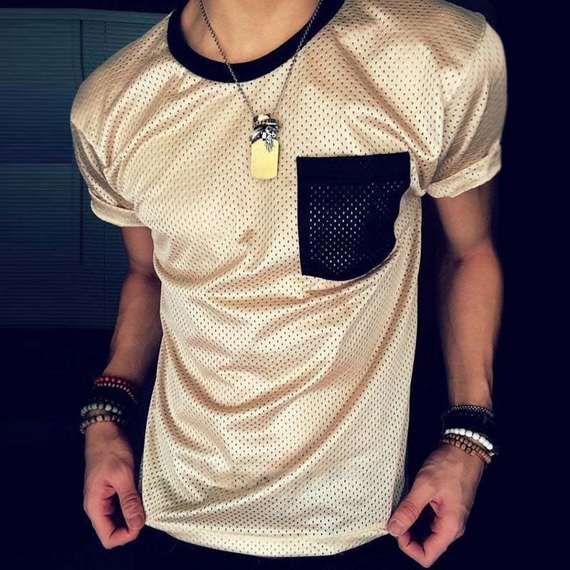 Men's Retro Casual Mesh Fabric Color Block Sports Round Neck Short Sleeve T-Shirt
