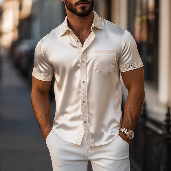Men's Spring And Summer Fashionable Sexy Lace Stitching Satin Short-sleeved Shirt