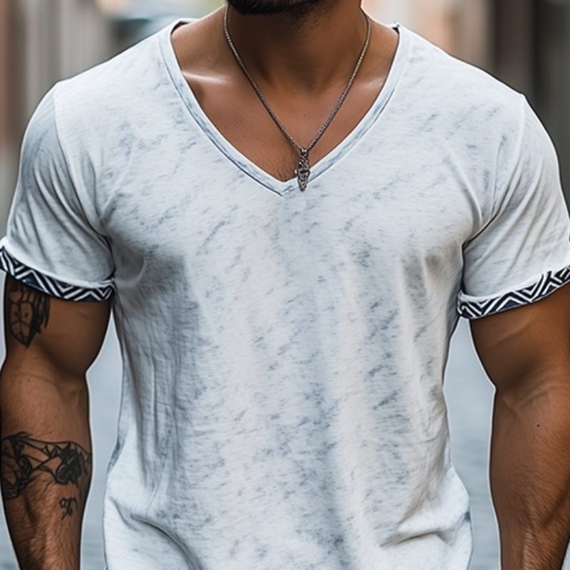 Men's Classic Casual V-Neck Printed Cotton Short Sleeve T-Shirt