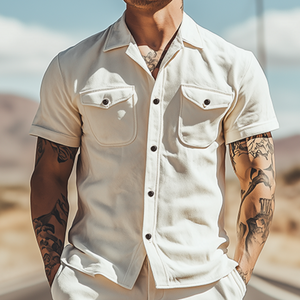 Men's Spring Fashion Casual Suede Short Sleeve Shirt Length To Knee Shorts Set