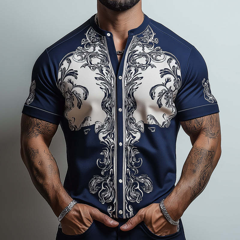 Men's Retro Casual Baroque Palace Printed Collarless Short Sleeve Shirt