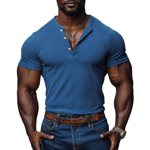 Men's Casual Cotton Elastic Rib Henley Collar Slim Fit Short Sleeve T-Shirt