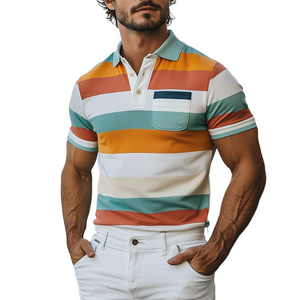 Men's Spring And Summer Fashion Casual Contrast Stripe Print Short Sleeve POLO Shirt