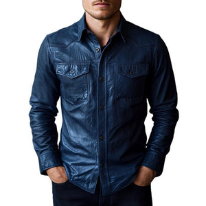 Men's Stylish Dark Blue Lapel Long Sleeve Leather Shirt